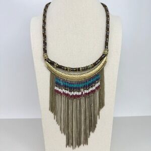 Boho Statement Bib Necklace‎ Multi Color Seed Bead Gold Tone Fringe Tassel Chain